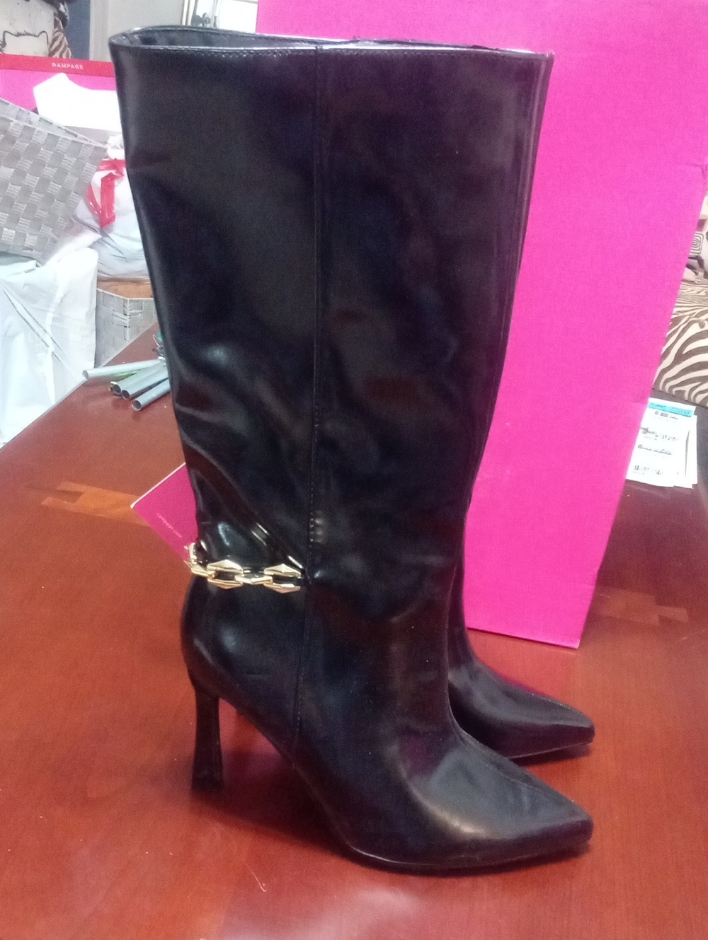 Rampage Black Knee-High Heeled Boots with Gold Chain Accent NWT $89.99